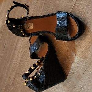 Valentino Rockstud Leather Wedge Espadrilles